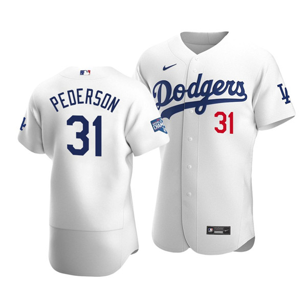 Men's Los Angeles Dodgers #31 Joc Pederson White 2020 World Series Champions Patch Flex Base Stitched MLB Jersey Men's Los Angeles Dodgers #31 Joc Pederson White 2020 World Series Champions Patch Flex Base Stitched MLB Jersey